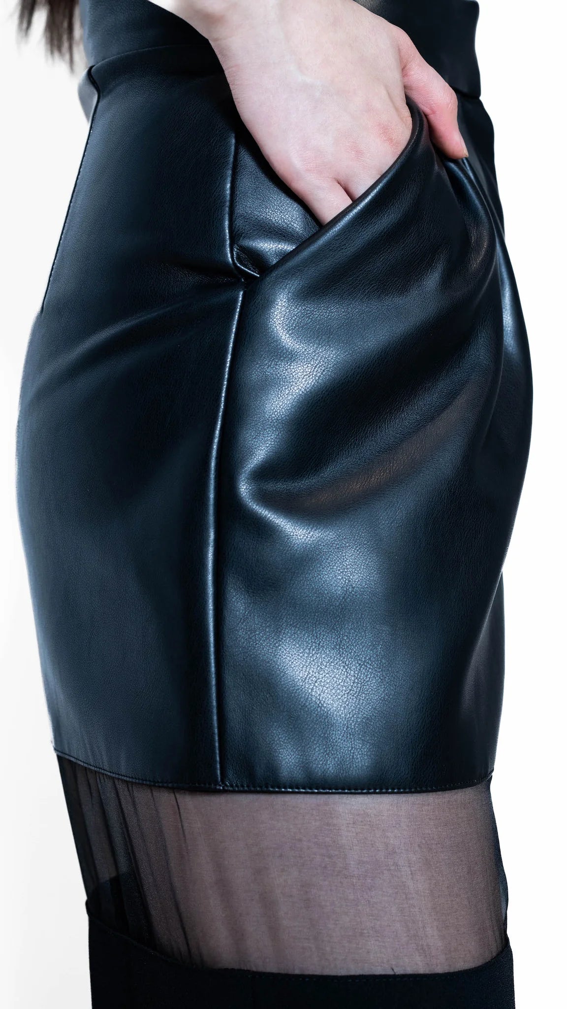 HAZEY Pants - Faux Leather | Wide Leg Pants with Asymmetric Sheer Panels