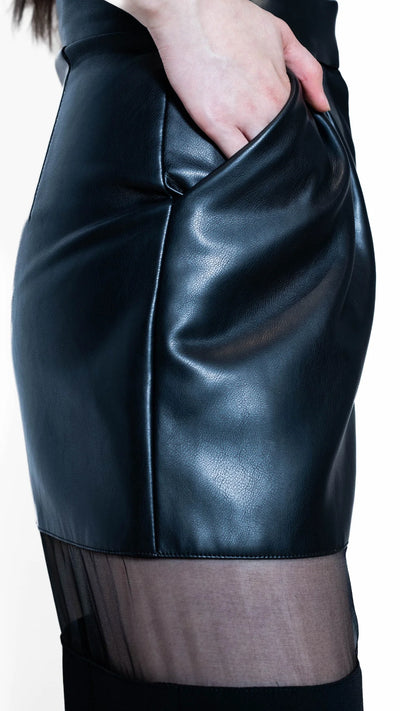 HAZEY Pants - Faux Leather | Wide Leg Pants with Asymmetric Sheer Panels