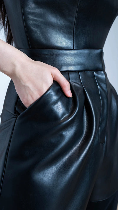 HAZEY Pants - Faux Leather | Wide Leg Pants with Asymmetric Sheer Panels