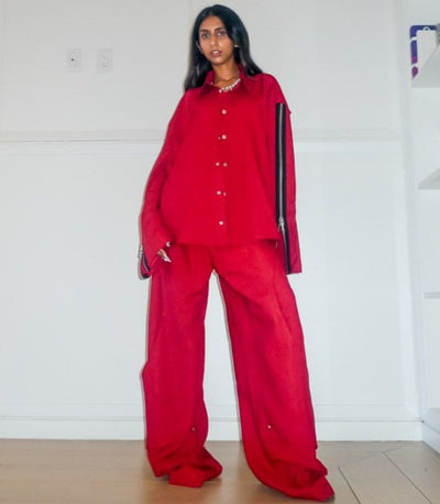 Red Superwool Asymmetric Cutout Shirt &amp; Overlay Layered Pants