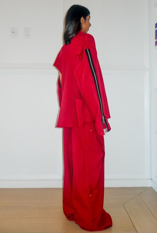 Red Superwool Asymmetric Cutout Shirt &amp; Overlay Layered Pants