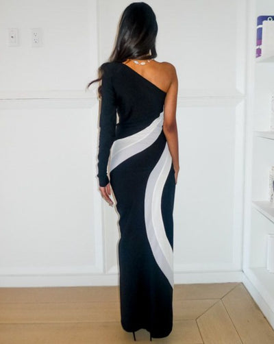 3-Tone Linear/Turbulent Curve Pattern Jersey Asymmetric Dress