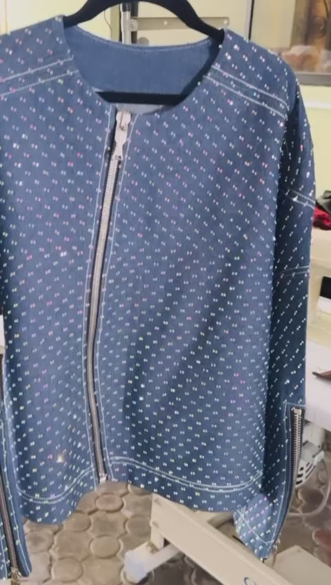 Hand-stoned Rhinestone Curve Zipper Asymmetric Denim Jacket